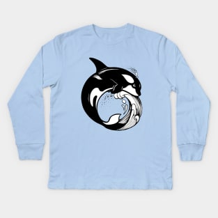 Orca Whale on the wave Kids Long Sleeve T-Shirt